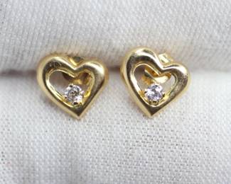 14K SOLID YELLOW GOLD HEART STUD EARRINGS WITH DIAMOND ACCENTS .35 GRAMS

