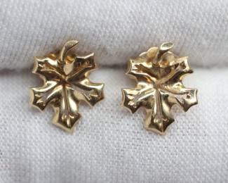 14K SOLID YELLOW GOLD STUD EARRINGS CHRISTMAS MISTLE TOE 1 GRAM FINE JEWELRY
