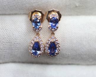 LEVIAN NATURAL SAPPHIRE DIAMOND DANGLE EARRINGS 14K SOLID ROSE GOLD 1.25CTW, 2.3 GRAMS, FINE GEMSTONE