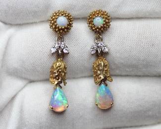 AUSTRALIAN OPAL EARRINGS WITH DIAMOND ACCENTS MADE OF 14K SOLID GOLD 2.20CTW, 7.7 GRAMS FINE JEWELRY GEMS
