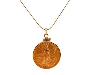 24K SOLID GOLD 1/4 OZ COIN PENDANT SET IN 14K YELLOW GOLD BEZEL 24K 7.09 GRAMS,14K 5.34 GRAMS
