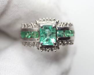 NATURAL EMERALD AND DIAMOND RING SET IN PLATINUM 1.68CTW, 5.51 GRAMS, SIZE 4.25
