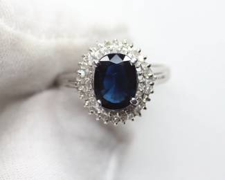 NATURAL SAPPHIRE RING SET IN SOLID PT900 PLATINUM WITH DIAMOND HALO 2.18CTW, 5.13 GRAMS, SIZE 6.5
