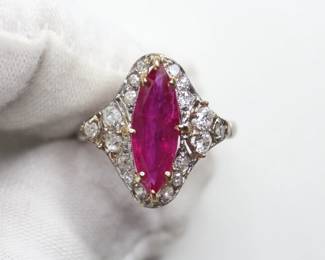 RUBY RING DIAMOND ACCENTS IN PLATINUM & 14K GOLD NATURAL RUBY 2.53CT, DIAMOND .90CTW ART DECO 4.17 GRAMS OLD
