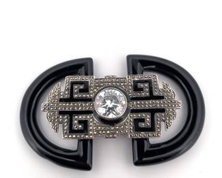 VINTAGE CARTIER STYLE 925 STERLING SILVER ONYX MARCASITE CZ BROOCH ART DECO
