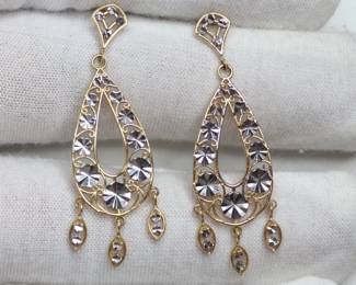 14k SOLID WHITE & YELLOW GOLD 2 TONE DANGLE EARRINGS 2.6 GRAMS
