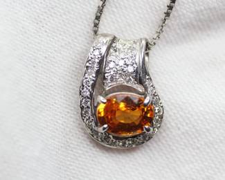 ORANGE SAPPHIRE PENDANT WITH DIAMOND ACCENTS SET IN PT900 SOLID PLATINUM 1.27ctw, 5.04 GRAMS, 18 INCHES
