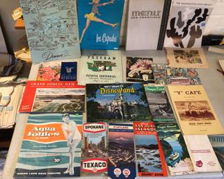 Assorted ephemera: Brown Derby menu, 1955 Aqua Follies program, gas station maps, Disneyland souvenir booklet, travel brochures & more