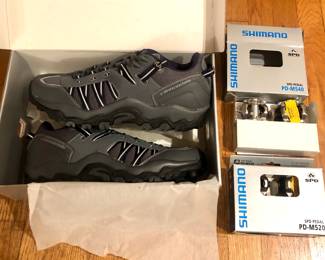 New-in-box Cannondale “Roam” bicycle shoes (size 11), Shimano clipless bike pedals (PD-M540 & PD-M520) 