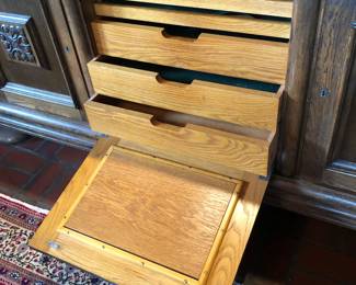 Interior of center of buffet - door drops down & drawers slide out