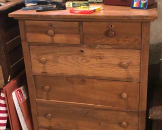 Old dresser (33.5”L, 18.5”D, 45.5”H), Brownie Hawkeye camera, vintage tin, colored pencils, office supplies