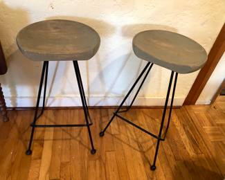 Pair of mod iron & wood stools by Lisuden - 29” tall 