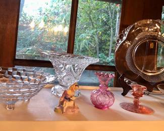 Fostoria 3-footed bowl, Royal Doulton figurine, pink glass vase & candle holder, Duncan Miller plate
