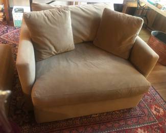 Crate & Barrel “Lounge Deep Chair and a Half” with tan ultra suede upholstery (49"W, 46”D, 24”H)
