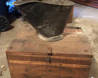 Old wooden Burroughs adding machine crate, coal bucket with repair