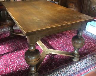 Antique oak dining table (37” x 57” x 29.5”H) with two 17.5” leaves - table extends to 92” long with both leaves in place. *Rug is NOT for sale  
