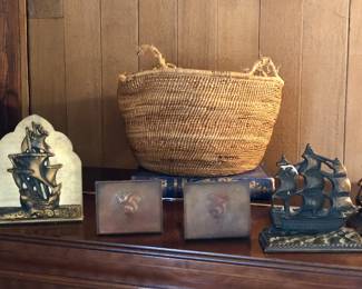 Indian basket, old bookends including Arts & Crafts copper