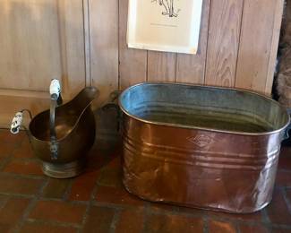 Copper & brass coal scuttle, copper boiler, vintage William Steig prints