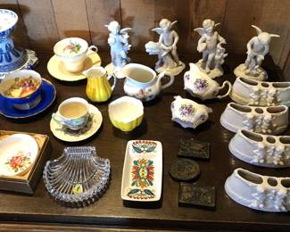 Cups & saucers, Dresden angels, creamer & sugar with violets 