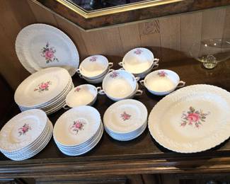 Spode “Savoy Billingsley Rose” china - service for 8 + 2 platters = 41 pieces total including 8 hard-to-find cream soup bowls (missing one under-plate for cream soup)