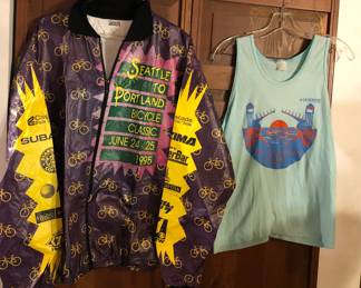 1995 STP bike race jacket, 1987 Fremont Fun Run tank top