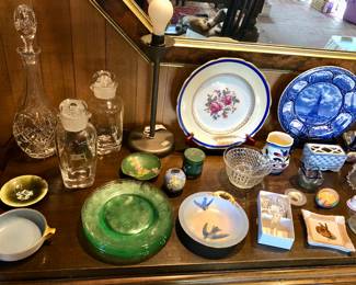 Orrefors decanters, green “Dogwood” Depression glass plates, cloisonné  jar & more