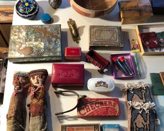 Assorted collectibles: glass paperweight, abalone inlaid brass box, Shipibo bowl (Peru), old games, inlaid wood box & more 