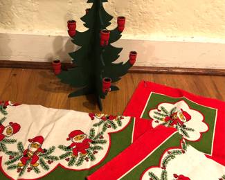 Swedish wooden Xmas tree candle holder (13”), Scandinavian Xmas linens