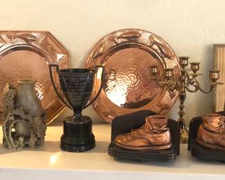 Mexican copper trays, Chinese carved stove vase (AS IS), 1927 Boy Scout trophy, bronzed baby shoe bookends, frames