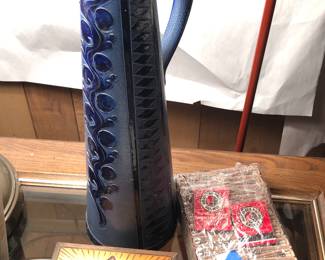 German salt glaze 13” stoneware pitcher, “All Seeing Eye” wooden box, box of Great Northern Railway matches