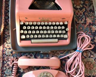 Pink Royal "Quiet Deluxe" typewriter with case, pink Princess dial telephone