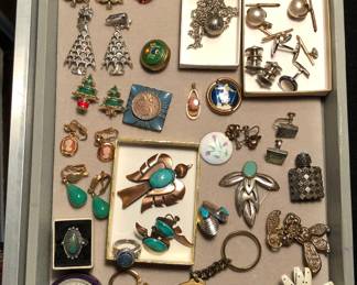 Jewelry - rhinestone Xmas tree earrings, sterling Rancho Alegre brooch (Mexico) sterling earrings, cufflinks, fun flower pin