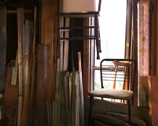 Card table and four chairs.  Pieces of lumber