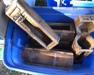 Vintage and handmade Bamboo bottle boxes with handles for decorative storage or carry. 