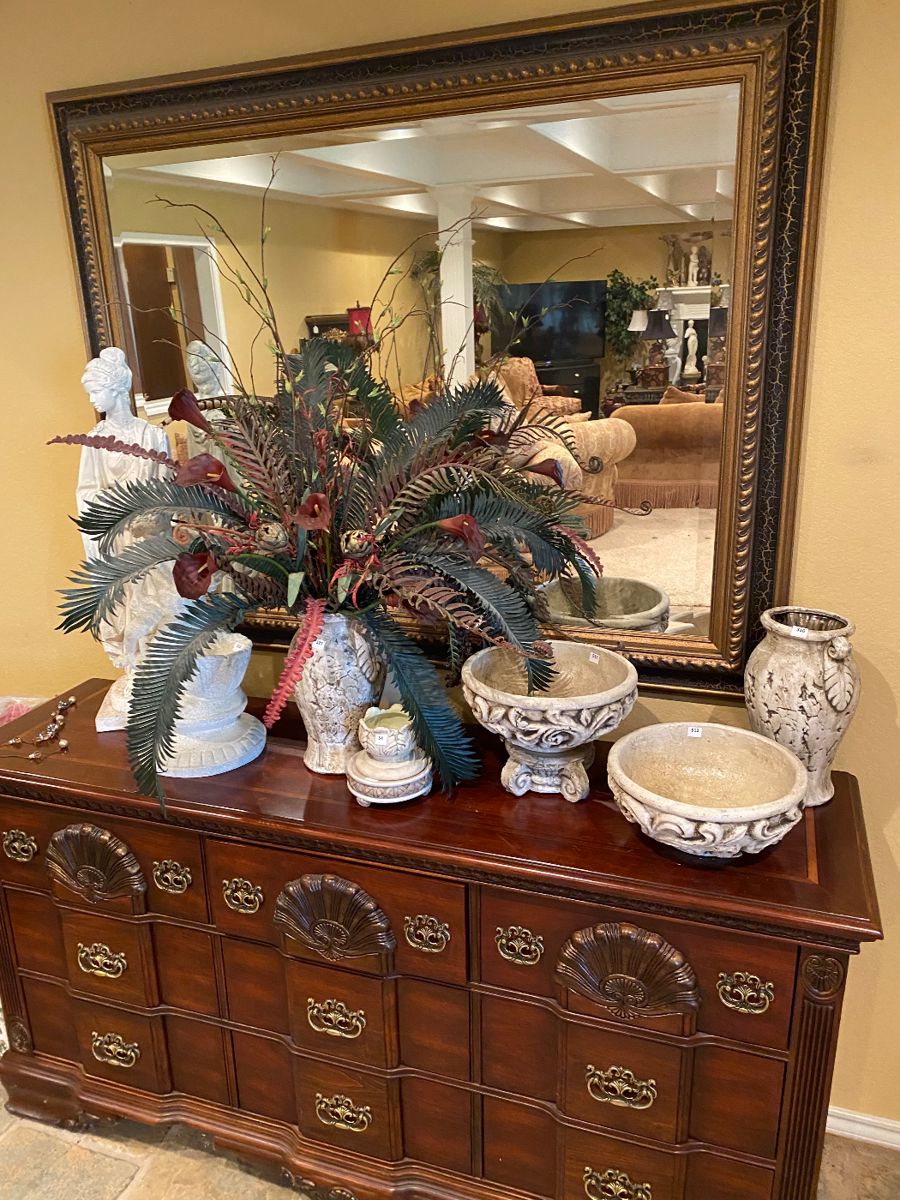 Buffet and large gold leaf beveled mirror