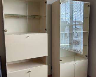 PAIR OF MCM BAUHAUS (?) CABINET - BOOKCASES WITH LIGHTS ATTACHED TO GLASS SHELVING 