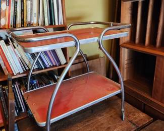 Red art Deco, mid-century modern tubular, Chrome rolling cart.