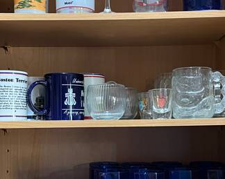 Vintage Anchor Hocking Blue Glassware Set/12 and Set/6, Blakely Oil & Gas Set/2, Coca Cola Glass, Vintage Luminarc Clear Glass Embossed Snowman Mug with Snowflake Handle Set/4