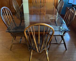 Set/6 Vintage Windsor Chairs, Glass Top Table