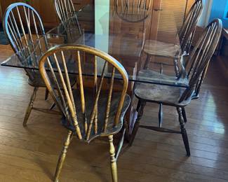 Set/6 Vintage Windsor Chairs, Glass Top Table