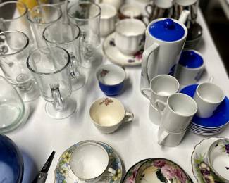 Beautiful cups and saucers, espresso sets, Irish coffee mugs