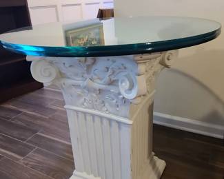 Heavy pedestal table with double glass tops. USE skirt with another glass on top