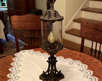Vintage Art  Nouveau table lamp.  Stripped to bare metal and polished to a beautiful finish.  Seeded glass shade looks incredible on this lamp.  Rewired with new cloth covered chord, new lamp socket and plug.  Would look fantastic in your home.