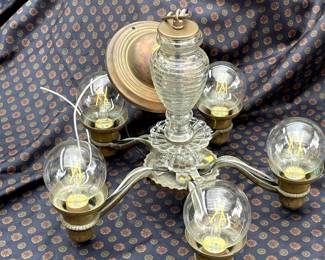 Brass and glass ceiling light fixture.  Rewired with new light sockets and ready to hang in your home.  
