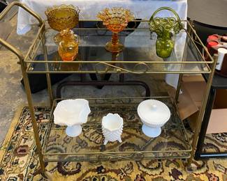 Mid Century Rolling Tea Cart • Milk Glass • LE Smith  