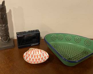 Amos Wallace Griffins Alaska c1966 Totem Pole approx. 9” ; Vintage Sony Walkman ; Vintage Enamel Green & Blue Strainer 