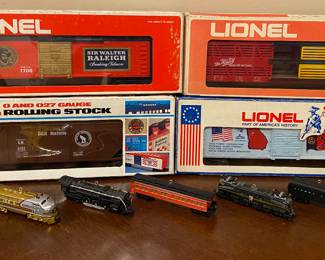 Lionel Trains in Boxes O & 027 gauge rolling stock; Sir Walter Raleigh; The Katy; Spirit of ‘76