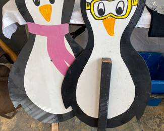 Vintage Painted Wood Penguin Penguins Pair Chilly Willy Yard Art 