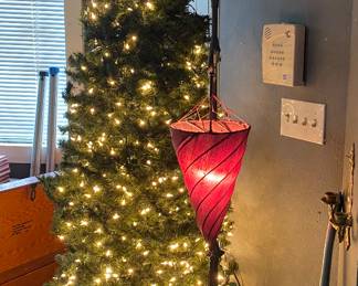 8’ foot Barcana Slim Slender Christmas Tree & Lights from Nieman Marcus • Pottery Barn Lamp 