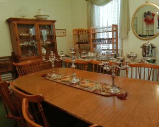 DINING TABLE, CHINA CABINET & CANDLEABRAS
